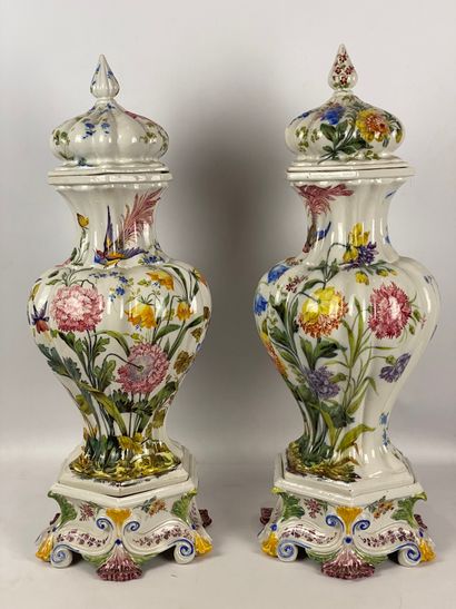  Pair of ceramic pots with swollen belly and neck with cut sides with polychrome...