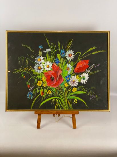  Lot of framed pieces including a bouquet of flowers oil on canvas (damaged), market...