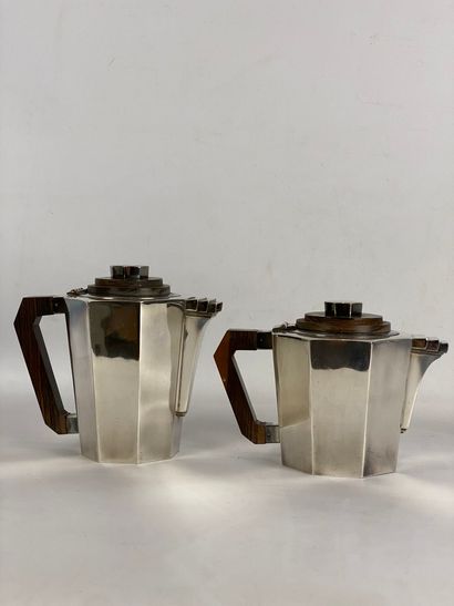  Tea and coffee set 4 pieces and a tray with two handles in silver plated metal Art...