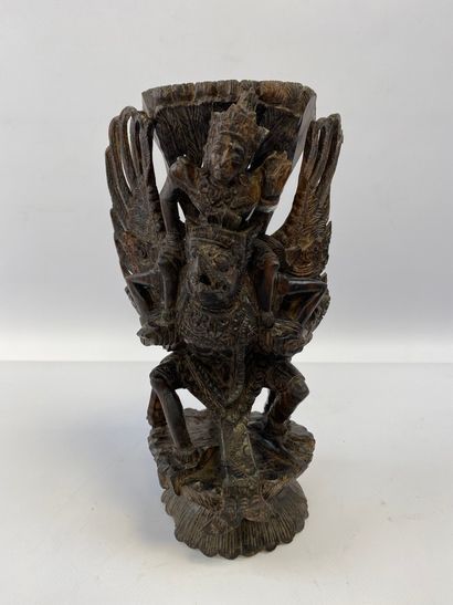  WOODEN SUBJECT WITH VISHNU RIDING THE GARUDA EAGLE-GOD Southeast Asia Carved group...