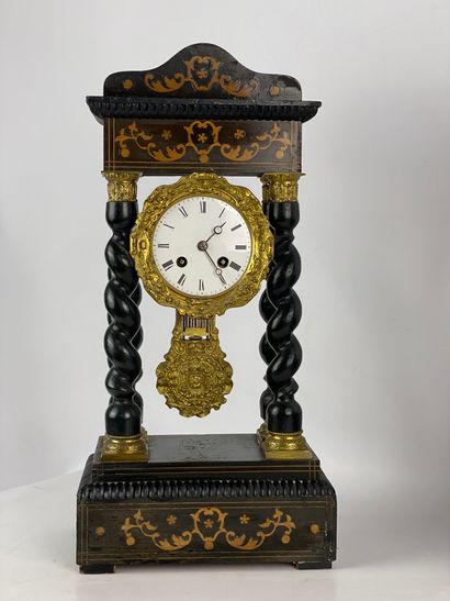 Portico clock in ebony veneer and marquetry...