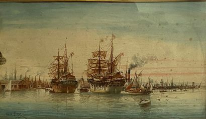  Émile HENRY (1842-1920) 
Vue du port 
Aquarelle sur papier, signé en bas à gauche...