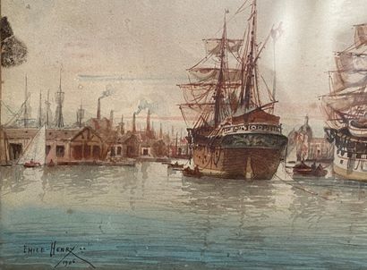  Émile HENRY (1842-1920) 
Vue du port 
Aquarelle sur papier, signé en bas à gauche...