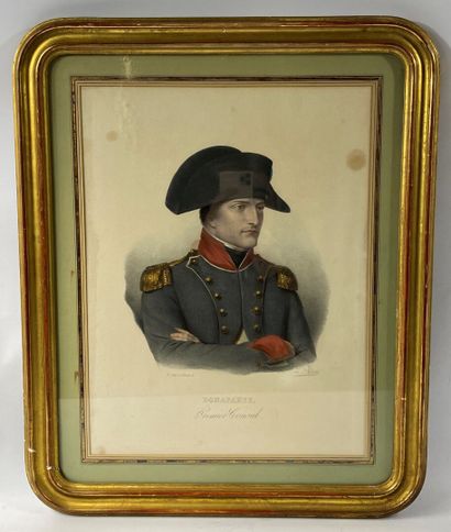  Gravure en couleurs 
Bonaparte, Premier Consul 
Dim (à vue): 41 x 31 cm 
(tache...