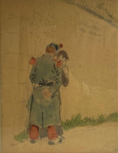  Léon Joseph VOIRIN (1833-1887) 
Scène avec soldat 
Crayon et aquarelle sur papier...