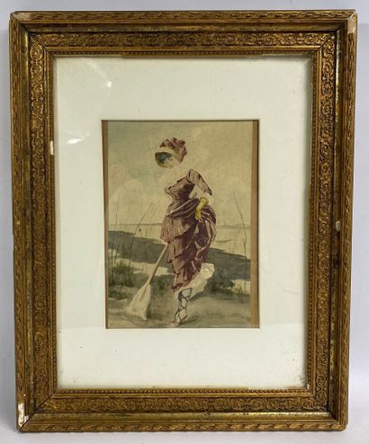  Attribué à Léon Joseph VOIRIN (1833-1887) 
Femme à l'épuisette 
Aquarelle sur papier...