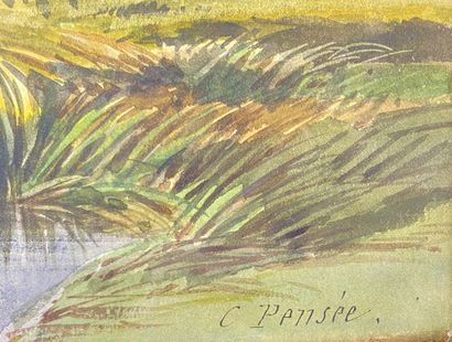  Charles PENSÉE (1799-1871) 
Bord de rivière 
Aquarelle sur papier, signée en bas...