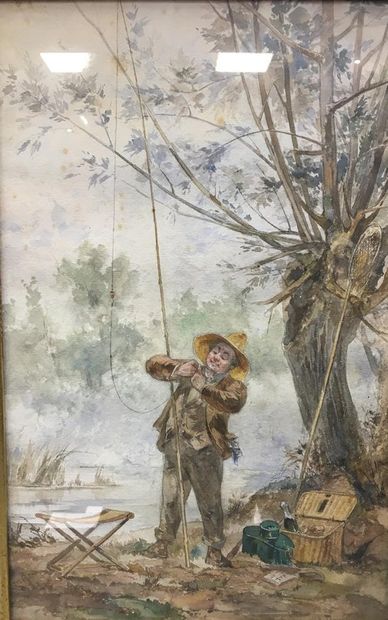  Victor THEVENIN (XIXème siècle) 
Pêcheur 
Aquarelle sur papier, signé en bas à droite...