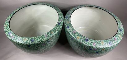  CHINE 
Paire de vasques en porcelaine émaillée à décor de frises de fleurs sur fond...