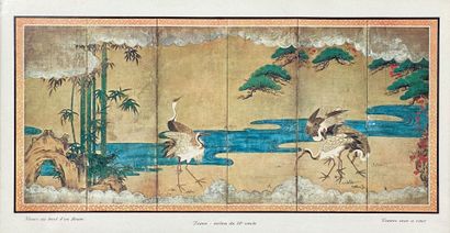  Ensemble de cinq pièces encadrées comprenant des décors d'oiseaux dans le goût asiatique...