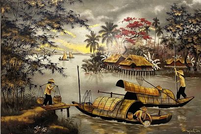 MINH TAN 
Fishermen on the banks 
Lacquered...