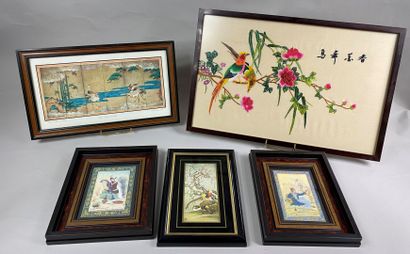 Set of five framed pieces including bird...