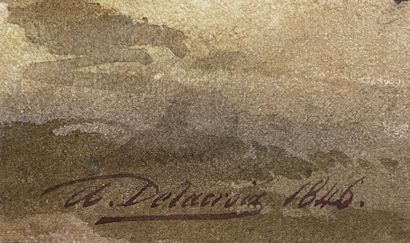  Auguste DELACROIX (1809-1868) 
La halte du Dragon 
Aquarelle sur papier, signé et...