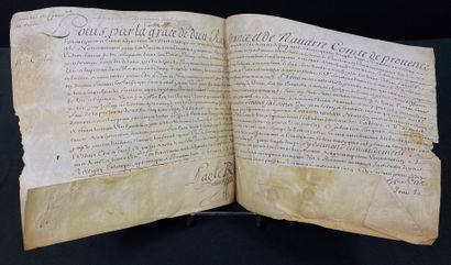  Pièce manuscrite datée de 1693. 
Pièce sur vélin de 21,8 x 23,8 cm, encre noire....