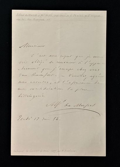  Alfred de MUSSET : 
Billet in 8°, adressé à M. Weil, propriétaire de la maison qu'il...