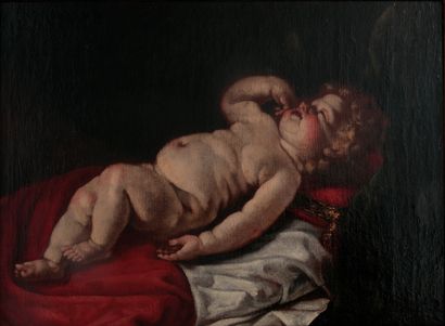  Ecole Italienne du XVIIe siècle, entourage de Luigi MIRADORI 
Jeune enfant endormi...