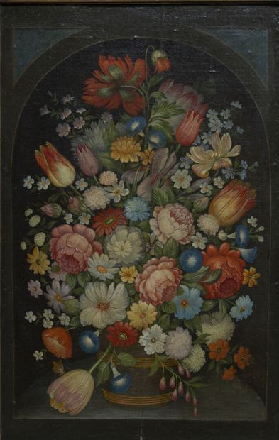  Ecole du XIXe siècle, dans le goût d'Isaac SOREAU 
Bouquet de fleurs sur un entablement,...