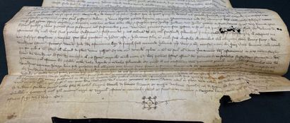  Pièce manuscrite datée de 1360. 
Pièce sur vélin de 36 x 43 cm, encre noire. 
L'écriture,...