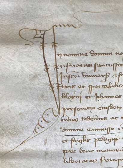  Pièce manuscrite datée de 1413. 
Pièce de 35,8 x 46,5 cm, encre noire. 
L'écriture,...