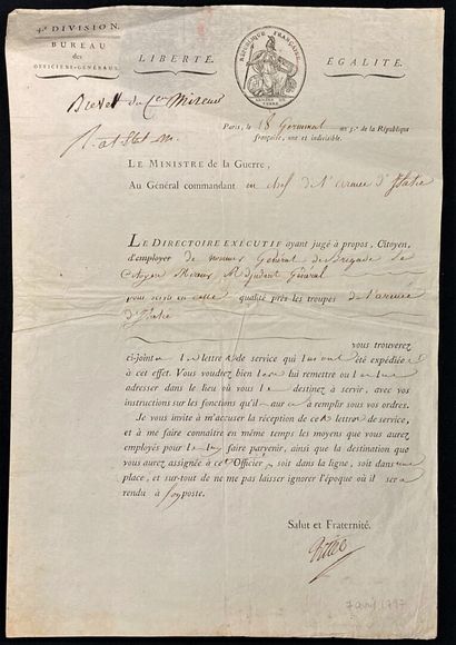  [Imprimé] Liberté, Egalité, Fraternité 
Paris, le 18 Germinal, an V - 7 avril 1797...