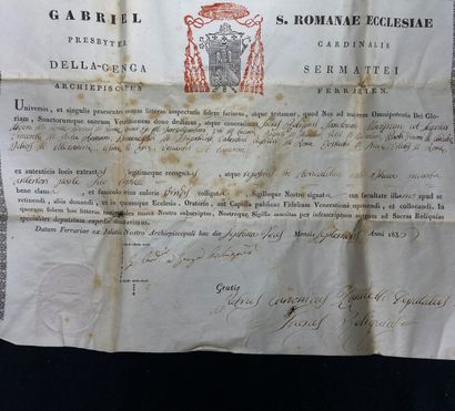  Pièce signée par le cardinal Genga, datée de septembre 1836. 
Diplôme de reconnaissance...