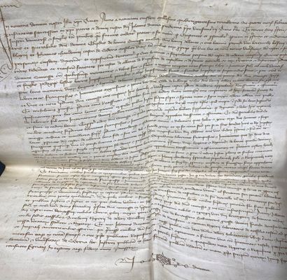  Pièce manuscrite datée de 1413. 
Pièce de 35,8 x 46,5 cm, encre noire. 
L'écriture,...