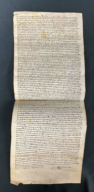  Pièce manuscrite datée de 1398. 
Pièce sur vélin de couleur ivoire, de 54 x 20 cm,...