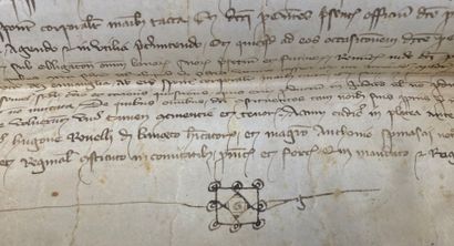  Pièce manuscrite datée de 1360. 
Pièce sur vélin de 36 x 43 cm, encre noire. 
L'écriture,...