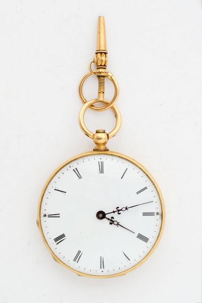  Yellow gold (750) pocket watch, flat case with chased cartouche and leafy garlands...
