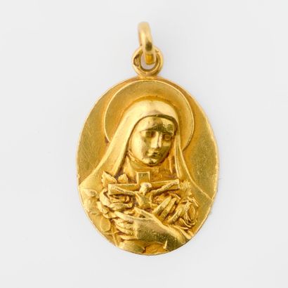  Yellow gold (750) chain with a forçat link holding a yellow gold (750) oval photo...