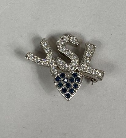  Yves SAINT LAURENT 
YSL" silver plated metal brooch with a heart and blue and white...