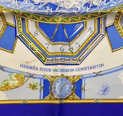  HERMES Paris 
Silk twill square with printed watches and zodiac signs in blue and...