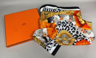 HERMES Paris 
Silk twill square with printed and titled decoration Helmets and feathers,...