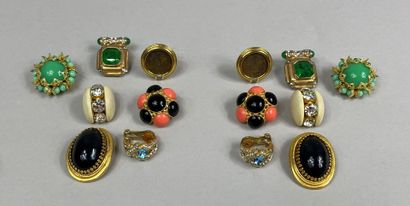  Set of seven pairs of fancy gold metal ear clips decorated with colored cabochons,...