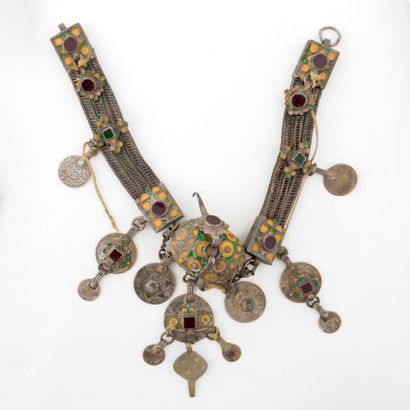  MOROCCO 
Berber necklace and pectoral set in metal or low silver with polychrome...