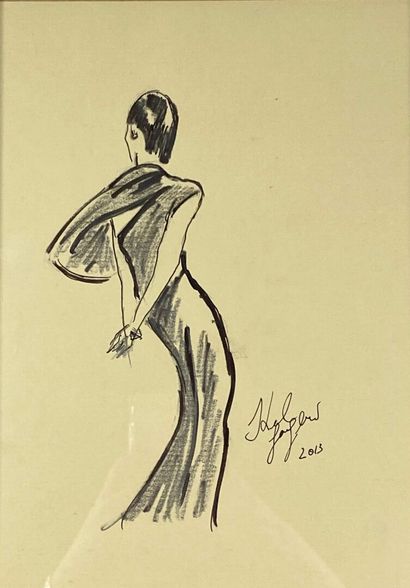  Karl LAGERFELD (1938-2019) 
Femme de dos en robe de soirée 
Dessin de mode au crayon...