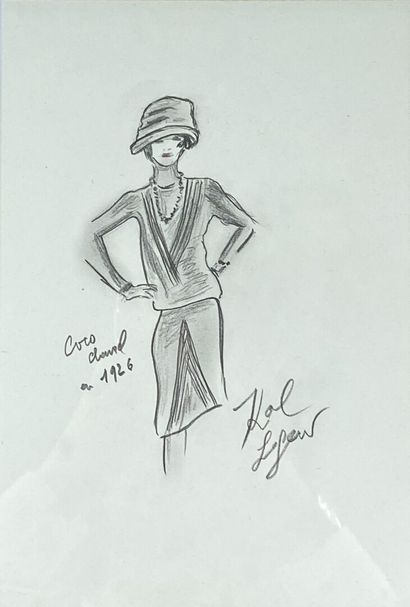  Karl LAGERFELD (1938-2019) 
Coco Chanel en 1926 
Dessin de mode au crayon sur papier,...