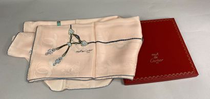  Must of CARTIER 
Silk square with tiara, brooch and tassels printed in gray tones...