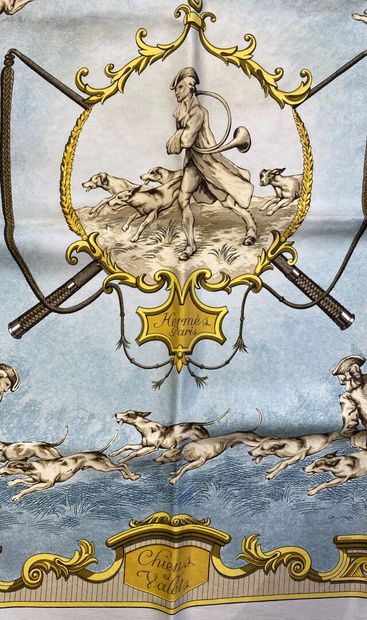  HERMES Paris 
Square in silk twill with printed decoration titled Dogs and valets...