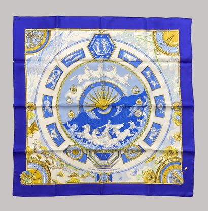  HERMES Paris 
Silk twill square with printed watches and zodiac signs in blue and...