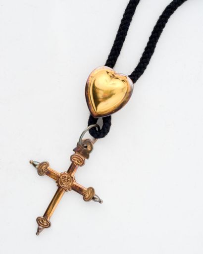 Savoyard Jeannette cross in vermeil (800) on black cord with heart-shaped necklace...