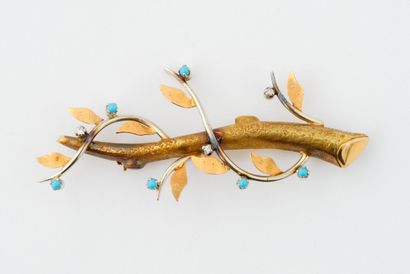  Brooch representing a branch in two-tone gold (750) with guilloché and partially...