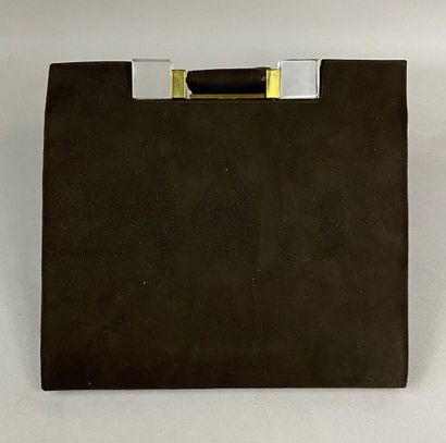  Bag minaudière in brown suede fabric, the clasp by push-button in gold metal and...