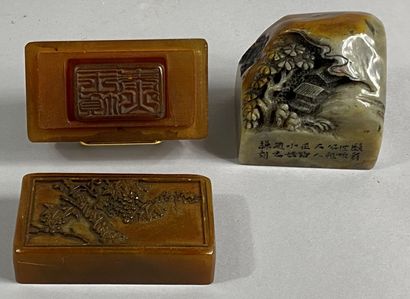  CHINA, 20th century 
Hard stone seal carved with a landscape with pine trees. Calligraphy...
