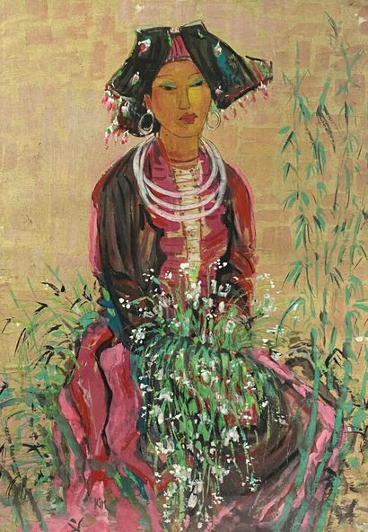 KIM 
Young woman with bouquet 
Watercolor...