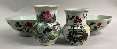  CHINA, 20th century 
Lot of enameled porcelain including two bowls decorated with...