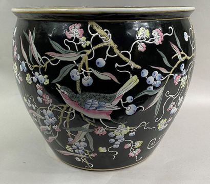  CHINA, 20th century 
Fish bowl in enameled porcelain on a black background decorated...