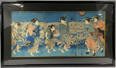  Utagawa Kunisada (1786-1865): 
Triptych oban tate-e, young women walking along a...