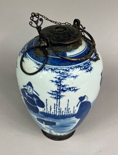  VIETNAM 
Blue and white porcelain ovoid vase decorated with characters playing in...