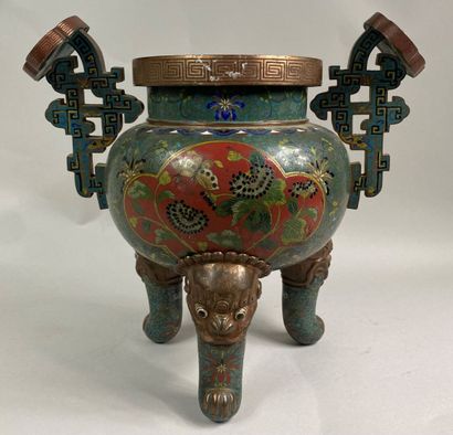  CHINA, 19th century 
Tripod incense burner in cloisonné enamel on copper. Inscribed...